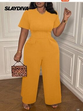 SHEIN Mustard Yellow Short Sleeve Wide-Leg Jumpsuit
